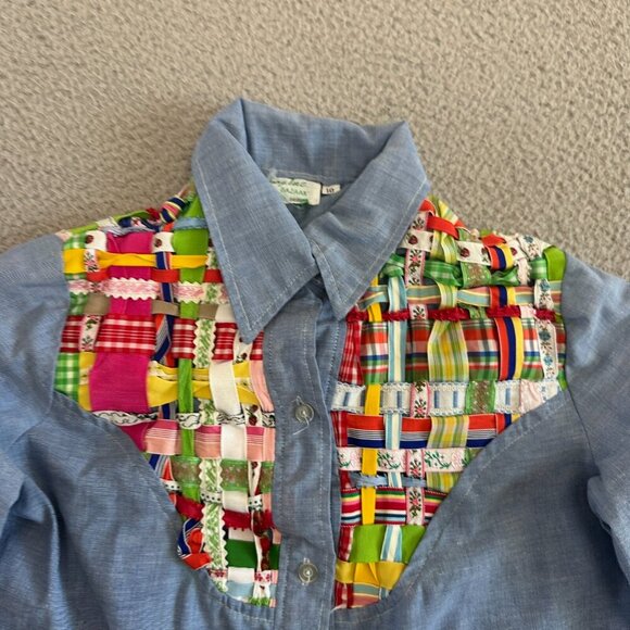 Vintage 70s Western Patchwork Button Shirt Womens Chambray Denim - Picture 8 of 16